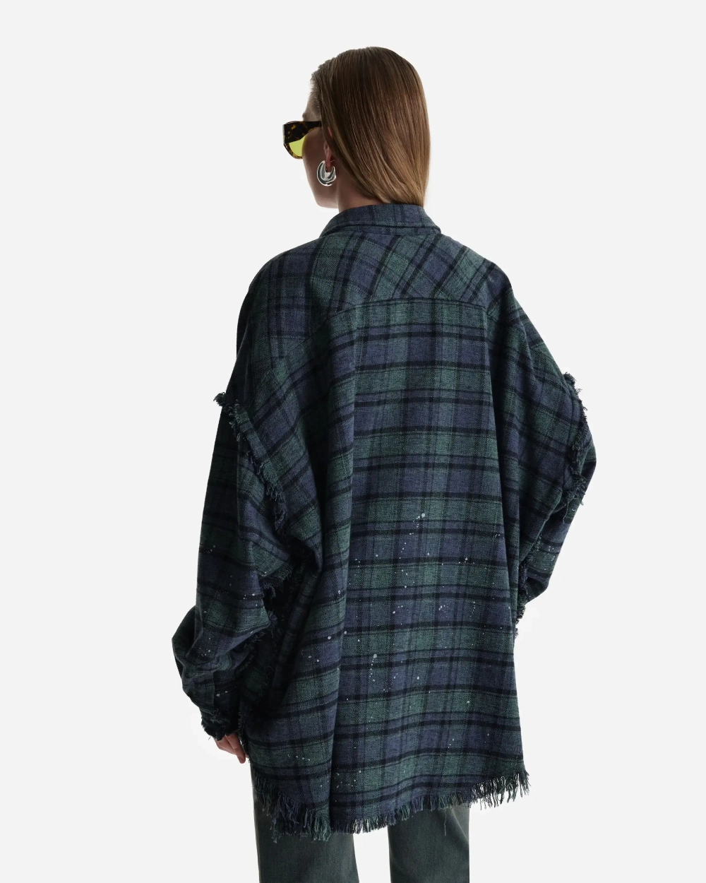 Рубашка в клетку с необработанным краем сине-зеленая