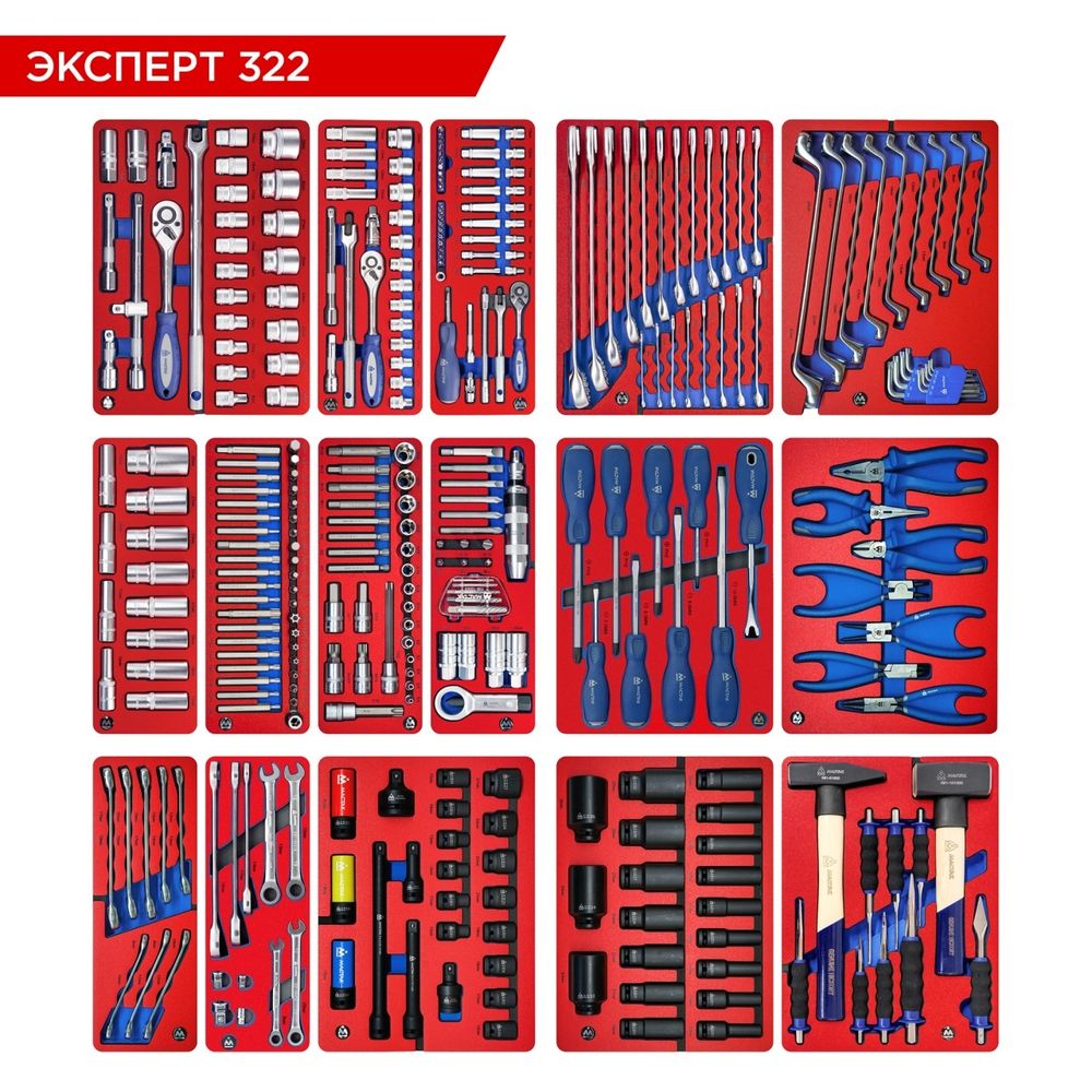 МАСТАК (5-00322) Набор инструментов "ЭКСПЕРТ 322" для тележки, 16 ложементов, 323 предмета