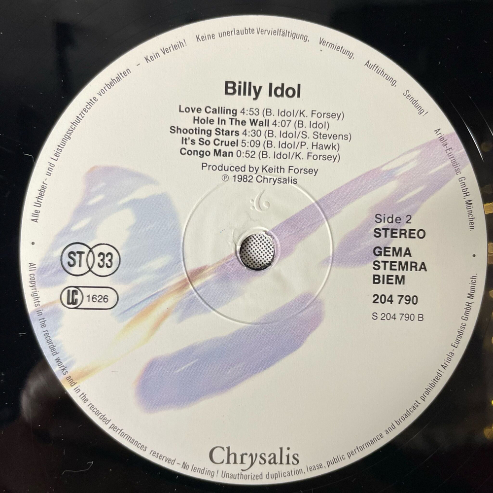 Винтажная виниловая пластинка LP Billy Idol (Germany 1982)