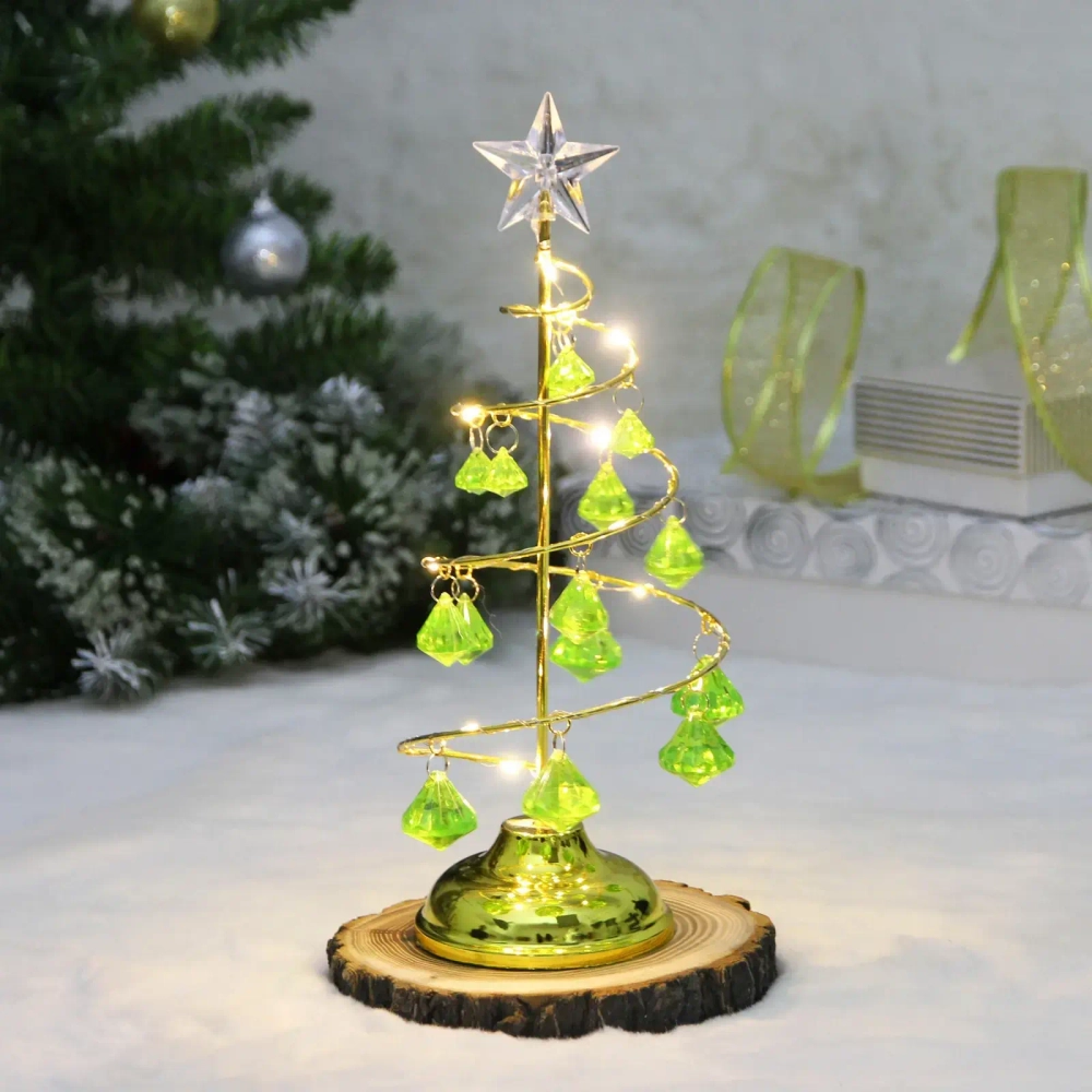 Сувенир с подсветкой «Елочка Хрустальная» 26 см, диаметр 10 см, основание-золото, свечение-тепл.белый, хрусталик Зеленый (работает от батареек 3 ААА)