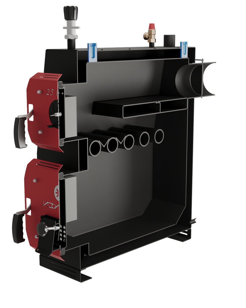 Твердотопливный котел длительного горения Изуран-25 на 25 кВт. Отапливаемое помещение до 675 куб.м. В разрезе. Производитель - Изуран