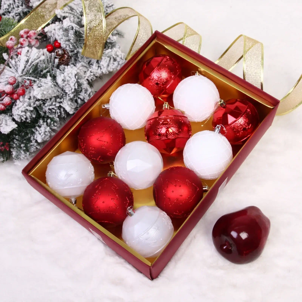 Новогодние шары «Волшебный вальс» 8 см (набор 12 шт), Красный/белый