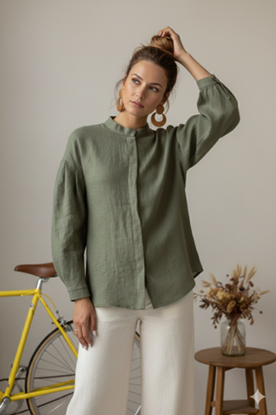Рубашка Людмила изо льна оливкового цвета