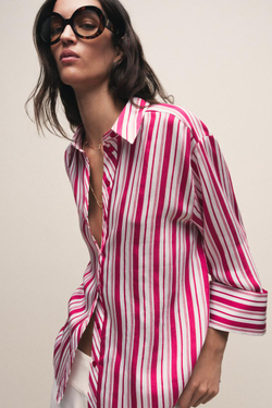 ZARA РУБАШКА В ПОЛОСКУ С ОТВОРОТАМИ НА РУКАВАХ, КРАСНЫЙ/БЕЛЫЙ