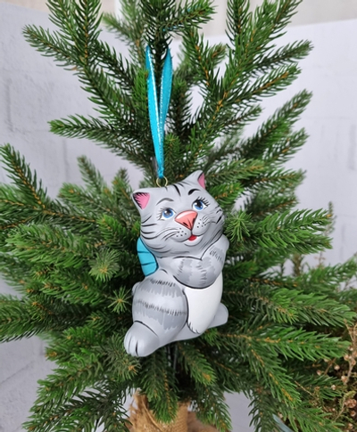 Котик с бантиком ёлочная игрушка из фарфора