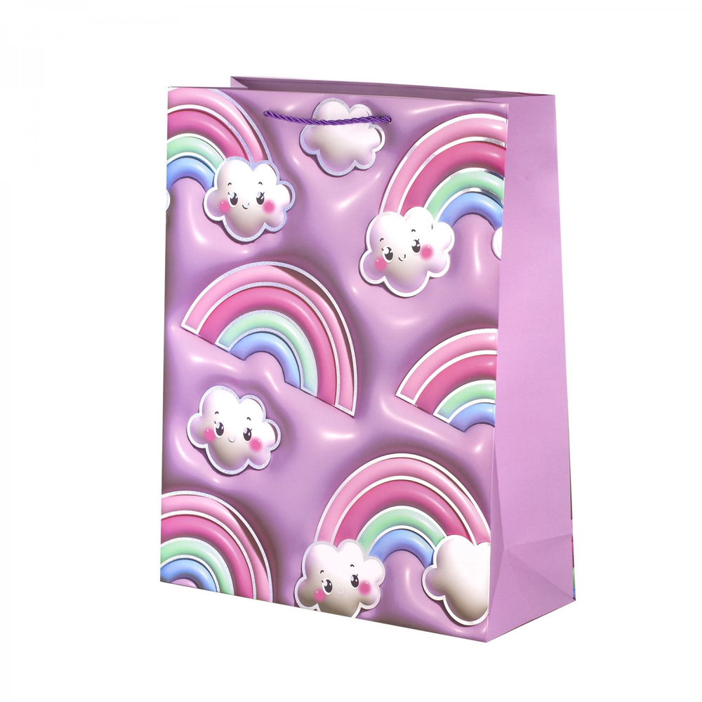 Пакет подарочный бумажный Alingar, (L+) 26х32х10 см, вертикальный, "Радуга и облачка", матов. ламинация, тиснение голография, эффект 3D, ассорти