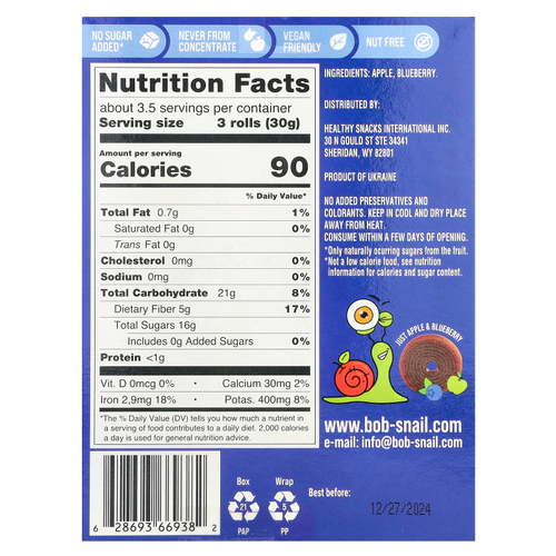 Bob Snail, фруктовые рулетики, яблоко и голубика, 10 рулетов по 10 г (0,35 унции)