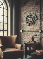 Часы на кирпичной стене в гостиной с большими окнами — кинетический дизайн, мягкий дневной свет, стимпанк-атмосфера.