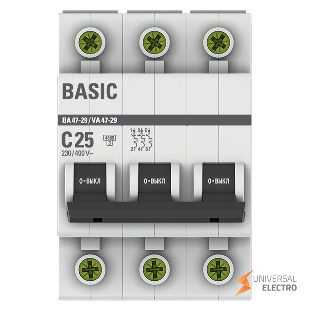 Автоматический выключатель 3P 25А (C) 4,5кА ВА 47-29 Basic