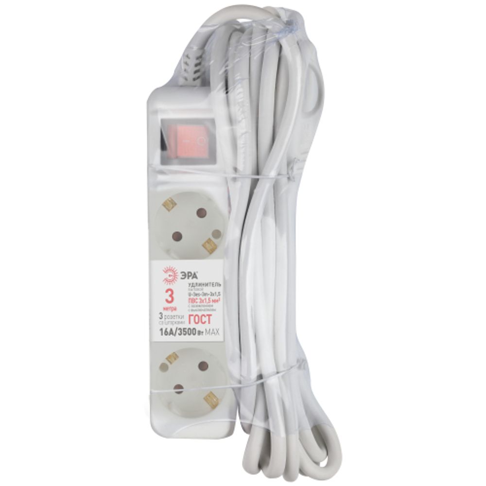 Удлинитель электрический ЭРА U-3es-5m-3x1,5 с заземлением с выключателем 3 розетки 5м ПВС 3x1,5мм2 16А