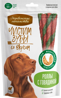 Лакомство для собак Деревенские лакомства Чистим зубы для крупных пород, роллы с говядиной, 100 г