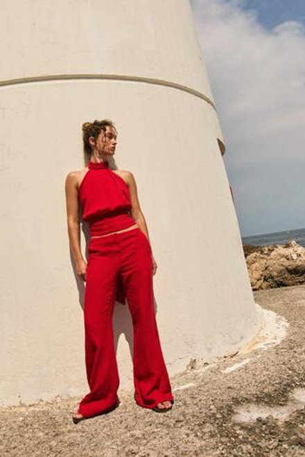 ZARA БРЮКИ ПРЯМОГО КРОЯ ИЗ СМЕСОВОГО ЛЬНА, КРАСНЫЙ
