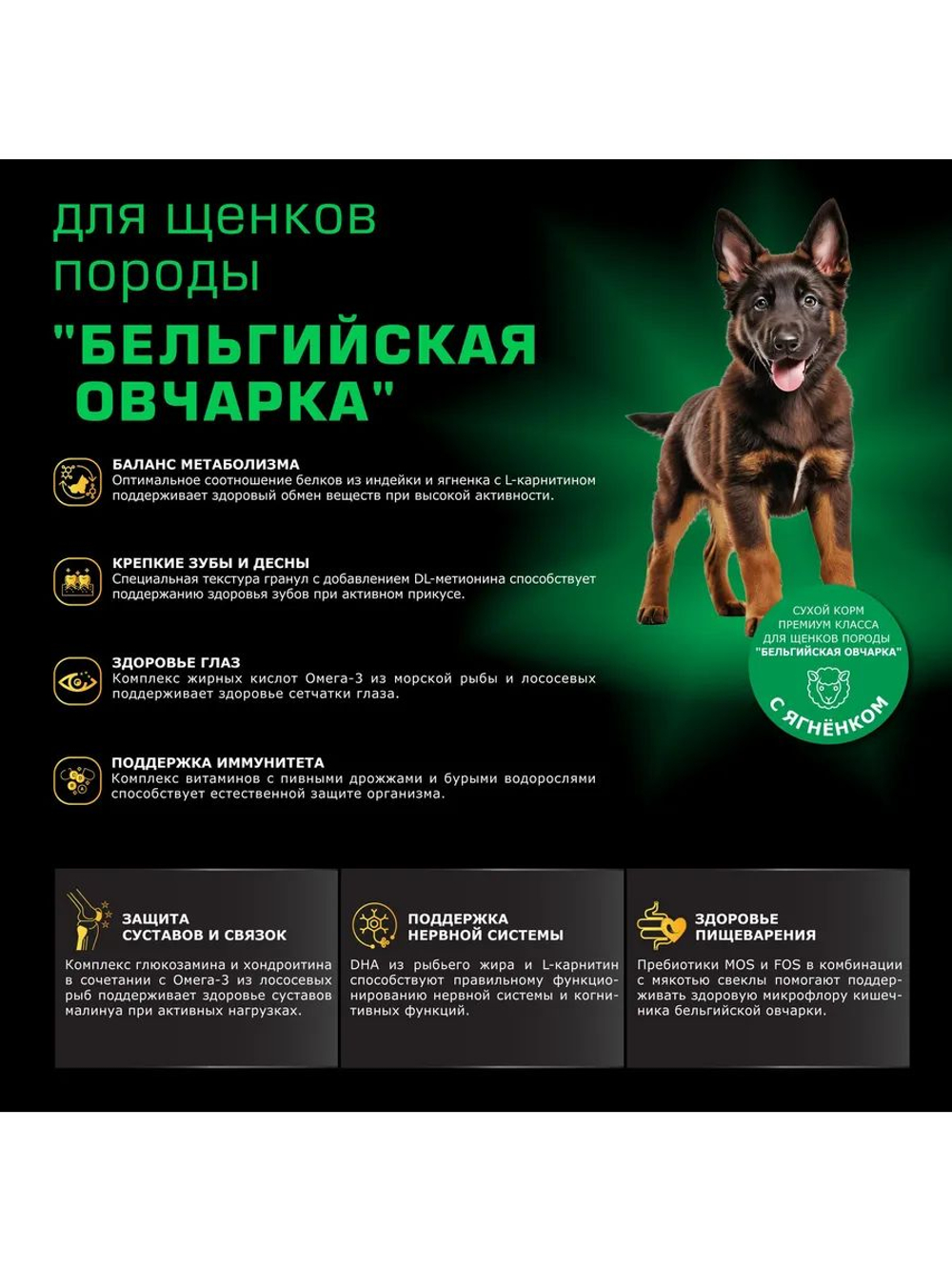Корм сухой для щенков породы Бельгийская овчарка (Малинуа), премиум полнорационный комплекс, с ягненком, 12 кг, QUATTRO