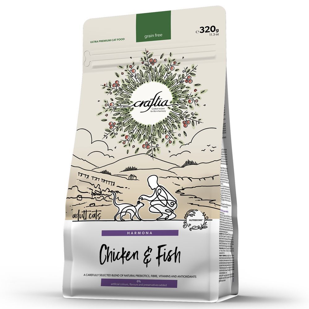 Сухой корм CRAFTIA HARMONA для взрослых кошек из курицы и рыбы, Пакет 320 г