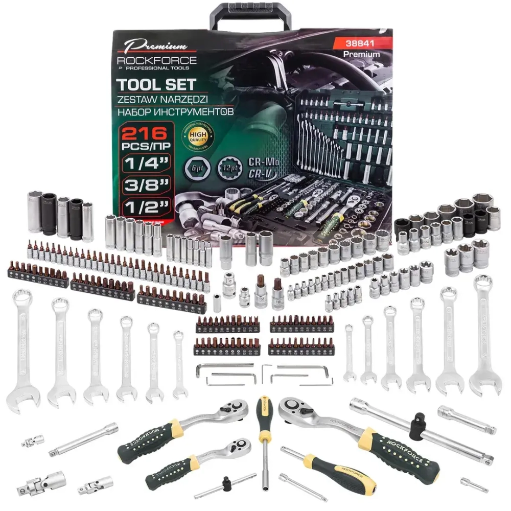 Набор инструментов 216пр. 1/4''3/8''1/2''(6гр, 12гр)(4-32мм) RockFORCE RF-38841 Premium
