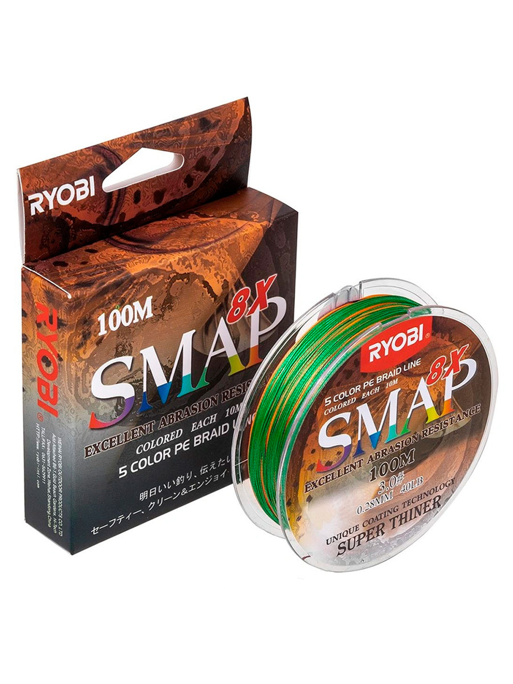 Шнур плетеный для рыбалки Ryobi SMAP PE8X-100M Multi Colour 6.0# 0,405мм