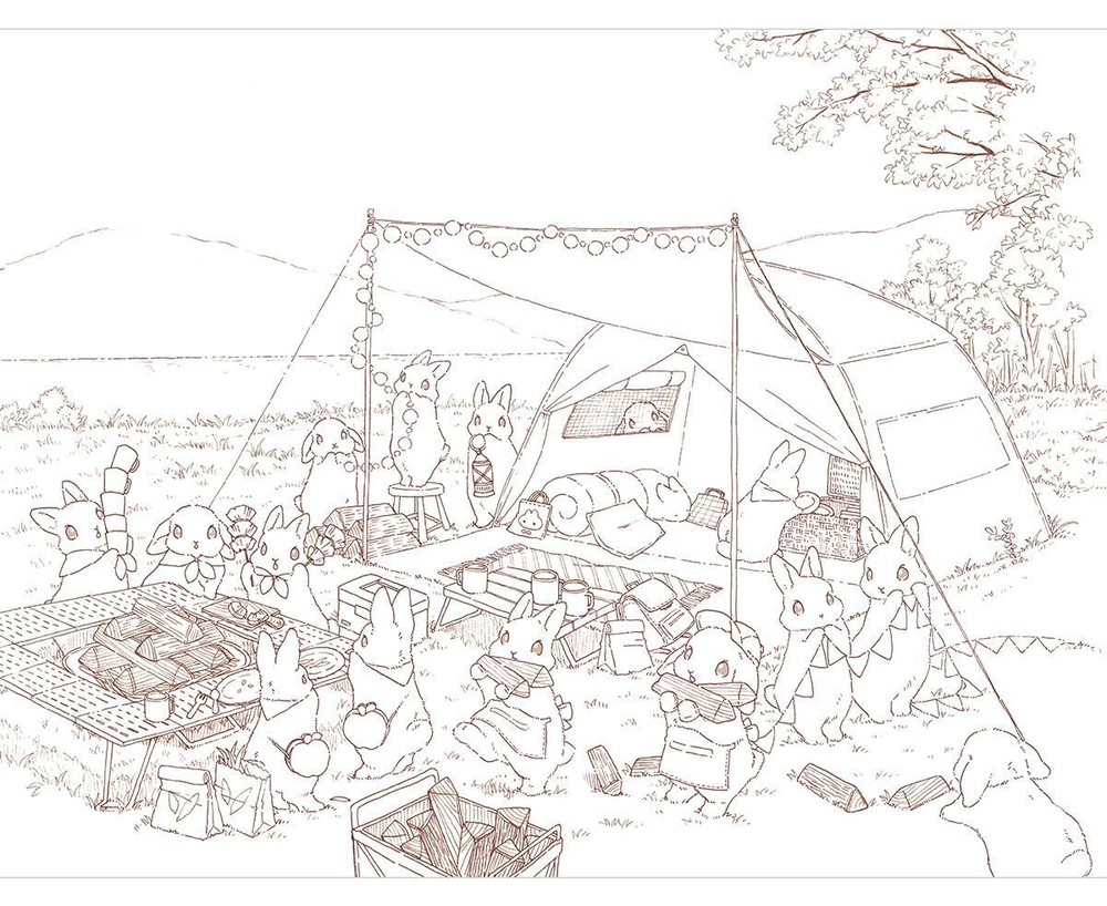 Rabbits and Nostalgic Japanese Scenery. Coloring Book