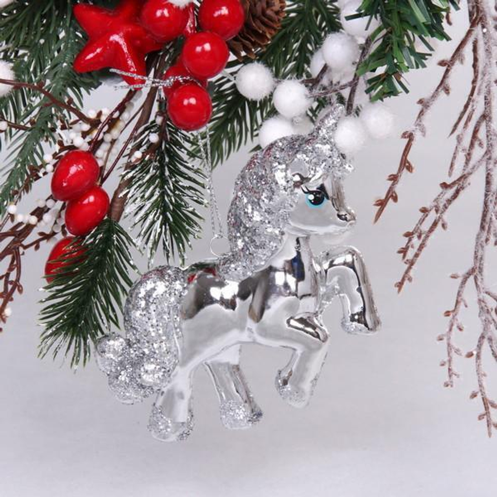 Ёлочная игрушка "Сказочный единорог" 9*3*10 см, серебро (Серпантин)