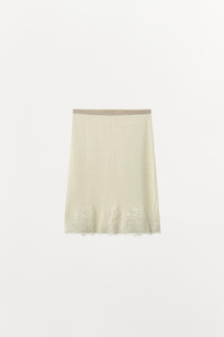 ZARA ВЯЗАНАЯ ЮБКА МИДИ С КРУЖЕВОМ И ВЫШИВКОЙ, ЭКРЮ
