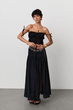 Юбка макси с разрезом из жатого хлопка черного цвета