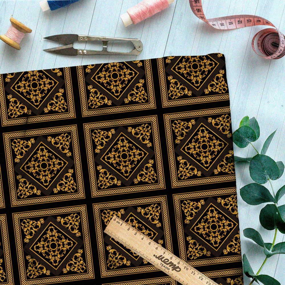 Ткань барби золотой восточный узор на чёрном фоне