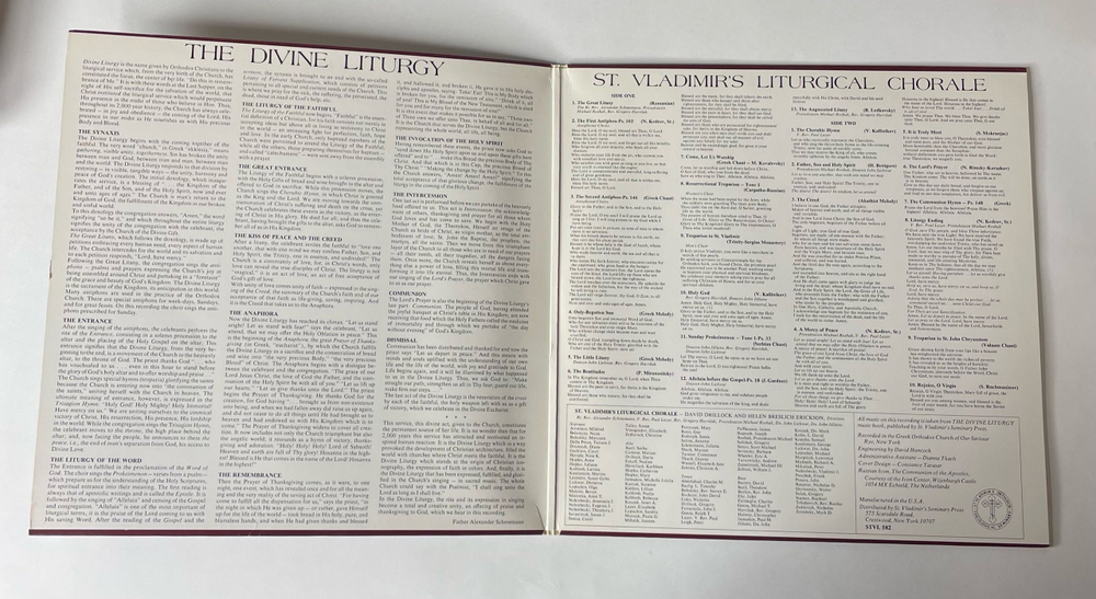 Винтажная виниловая пластинка LP St. Vladimir's Liturgical Chorale, The Divine Liturgy Of The Orthodox Church Божественная Литургия Православной Церкви (США 1982)