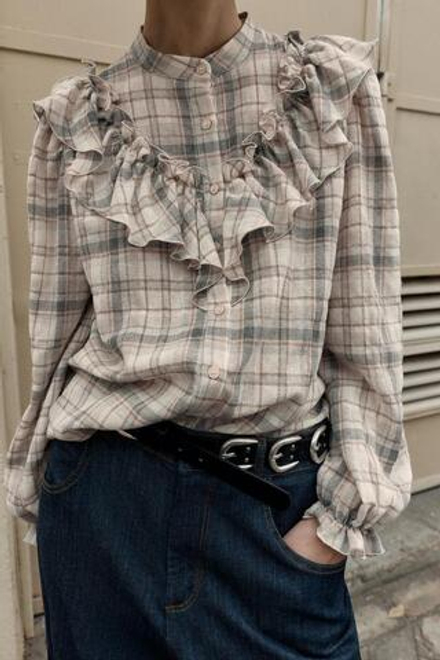 ZARA РУБАШКА В КЛЕТКУ С ВОЛАНАМИ, ЭКРЮ/КОРИЧНЕВЫЙ