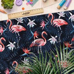 Ткань бифлекс фламинго с листьями