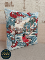 Декоративный гобеленовый чехол для интерьерной подушки Снегири за окном 38*38