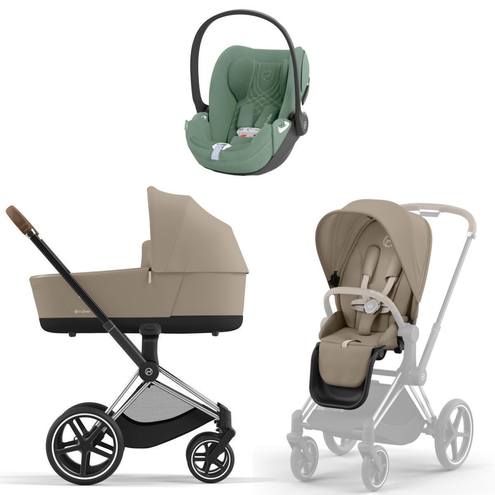 Коляска 3 в 1 Cybex Priam IV Chrome Brown complete и автокресло Cloud T i-Size Leaf Green Plus Cozy Beige