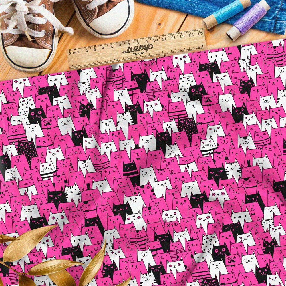 Ткань шелк Армани розовые, белые и чёрные коты