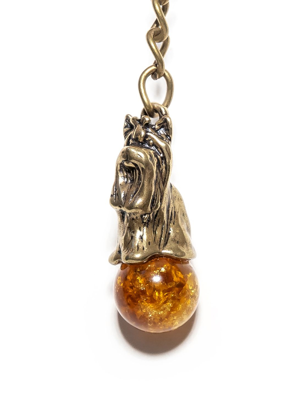 Брелок с янтарем натуральным - собака Йорк, диаметр камня 12 мм
