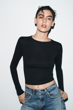 ZARA ФУТБОЛКА С ДЛИННЫМИ РУКАВАМИ, ЧЕРНЫЙ