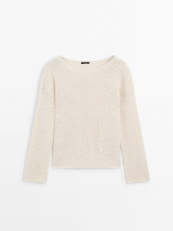 Massimo Dutti Перфорированный свитер с вырезом «лодочка», натуральный, кремовый
