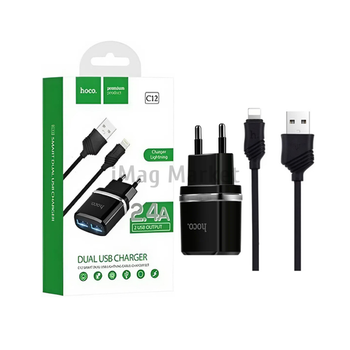 Сетевое зарядное устройство Hoco C12, 2 USB-A, 5W, 2.4A + кабель Lightning, 1 м, черный