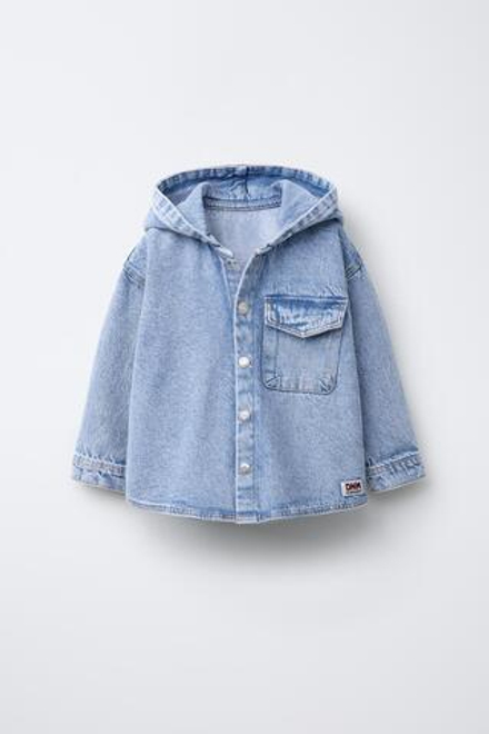 ZARA ДЖИНСОВАЯ КУРТКА-РУБАШКА С КАПЮШОНОМ, ВЫЦВЕТШИЙ СИНИЙ
