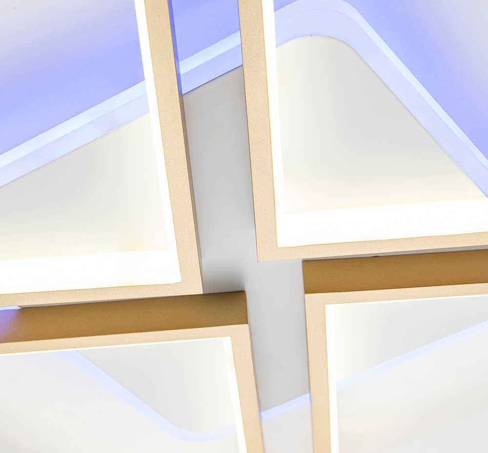 Потолочный светодиодный светильник 110Вт, 5240лм, 3000-6000K, Ra>80, плавная регулировка мощности, изменение цветовой температуры, подсветка основания, ночник, пульт, металл/акрил/силикон, золото