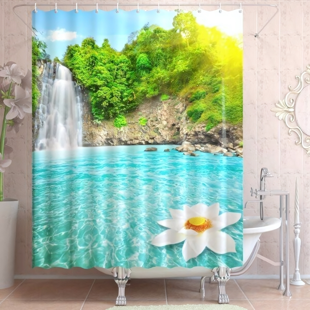 Штора для ванной комнаты Фотопринт 180*180 "ВОДОПАД" с кольцами 461399