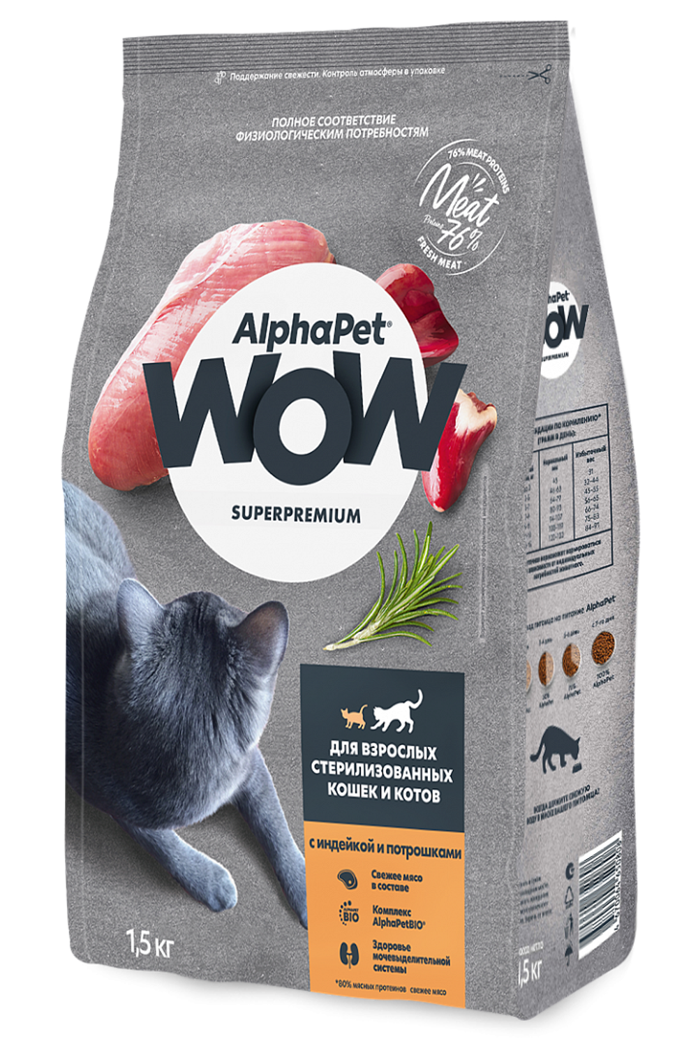 ALPHA PET WOW Сухой корм для стерилизованных кошек с индейкой и потрошками 1,5 кг