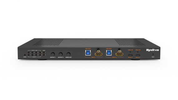 Wyrestorm MX-0402-MST - матричный коммутатор 4х2 с USB-C (питание до 60 Вт), HDMI 2.0 и USB 3.2 плюс USB-C, MST. Управление: 2xLAN, RS-232, GPIO