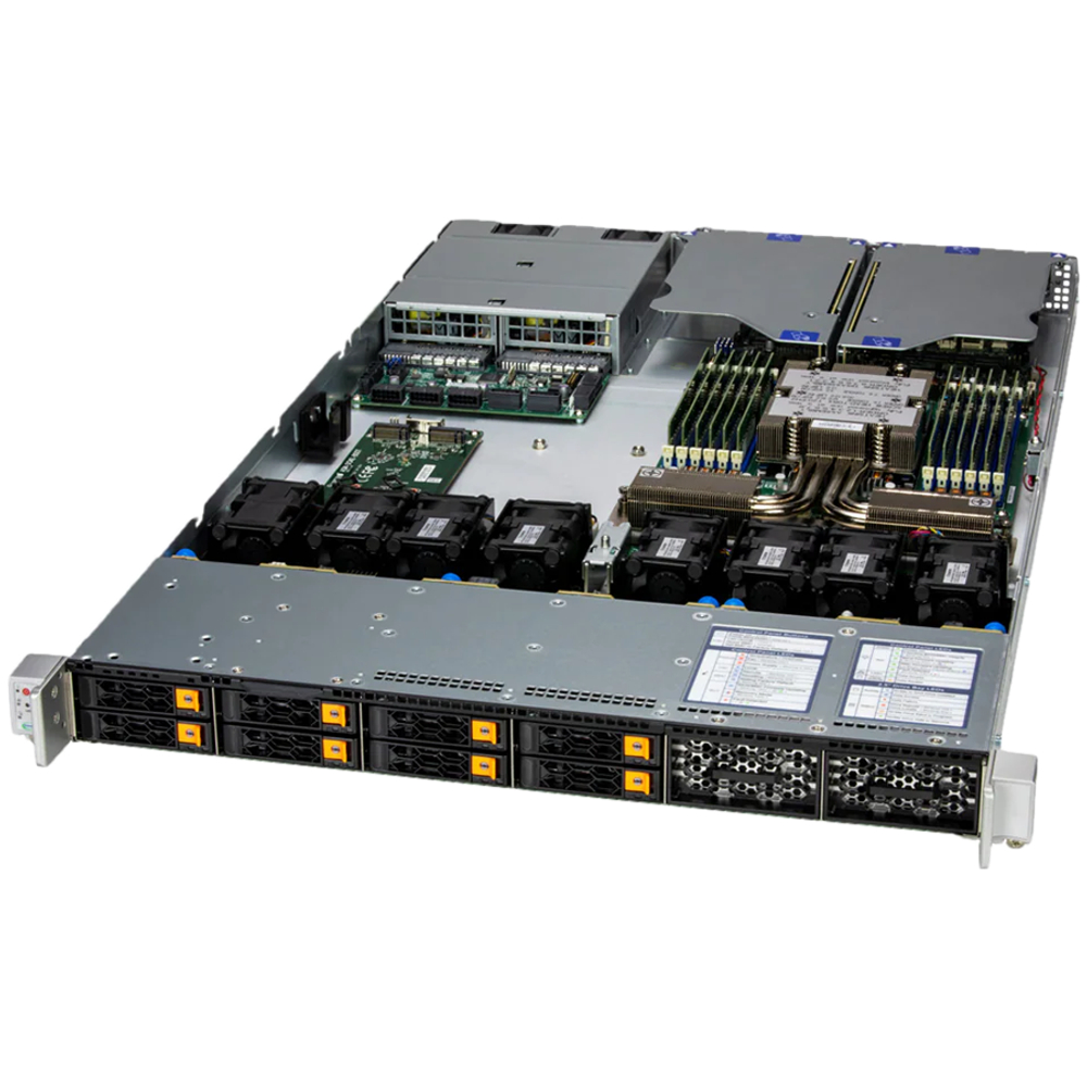 SUPERMICRO assembled server based on AS-1116CS-TN, Turin 9575F CPU, 2x 32GB DDR5-6400, SSD 2.5" NVMe PCIe4 960GB, AIOM G3 x4 2x 10GbE RJ45 Intel X550-AT2, AOC-STGS-I2T-O, 2x PWS-2K09A-1R, CBL-MCIO-1245M5RE
