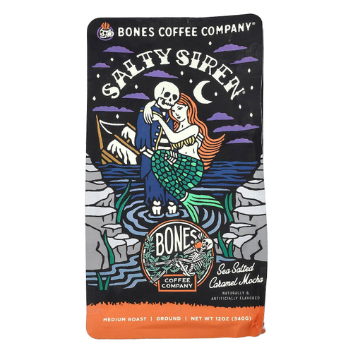 Bones Coffee Company, Salty Siren, мокко с морской соленой карамелью, молотый, средняя обжарка, 340 г (12 унций)