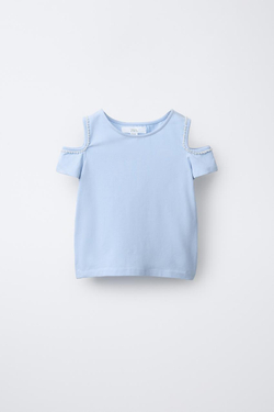 ZARA ФУТБОЛКА С ЖЕМЧУЖИНАМИ, ГОЛУБОЙ