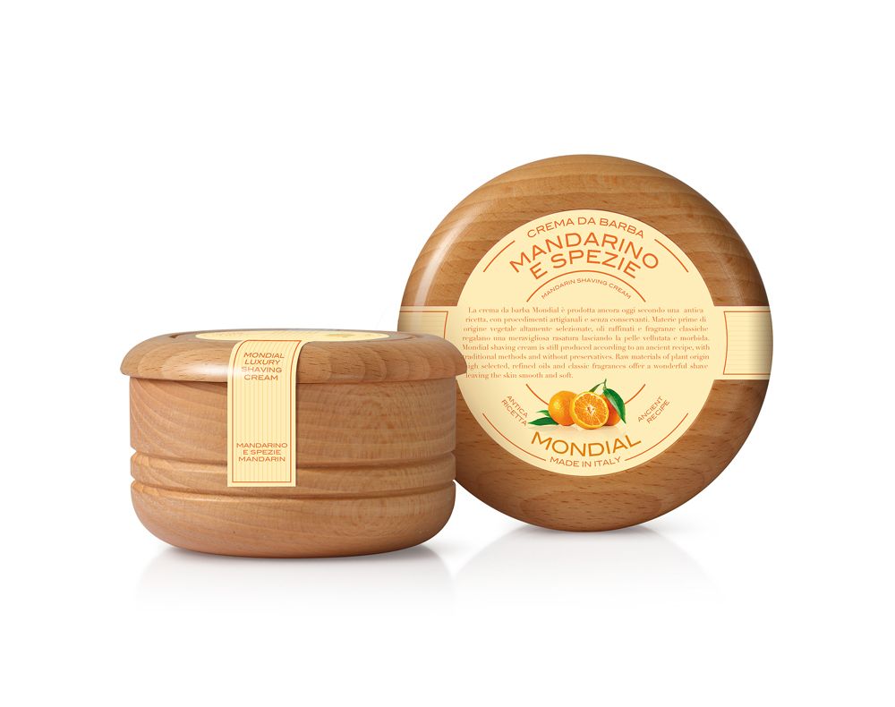 Фото крем для бритья Mondial &quot;MANDARINO E SPEZIE&quot; с ароматом мандарина и специй деревянная чаша 140 мл в фирменной коробке