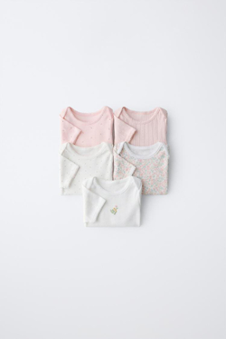 ZARA НАБОР ИЗ ПЯТИ БОДИ С КОРОТКИМИ РУКАВАМИ И ЦВЕТОЧНЫМ ПРИНТОМ, РОЗОВЫЙ