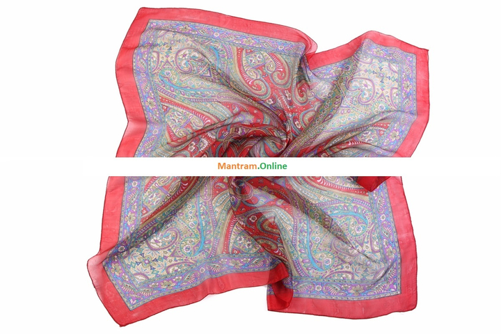 Платок материал Шелк 100% Плотный узор цвет зеленый синий голубой фиолетовый на бледно-желтом с красной каймой 100x100см.