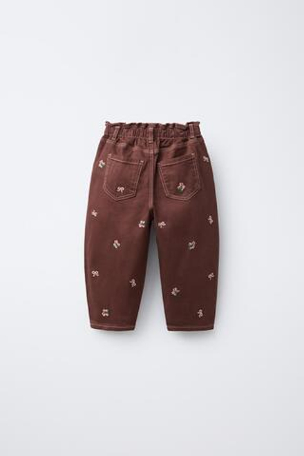 ZARA БРЮКИ BAGGY ИЗ САРЖИ С ВЫШИВКОЙ, ГРАНАТОВЫЙ