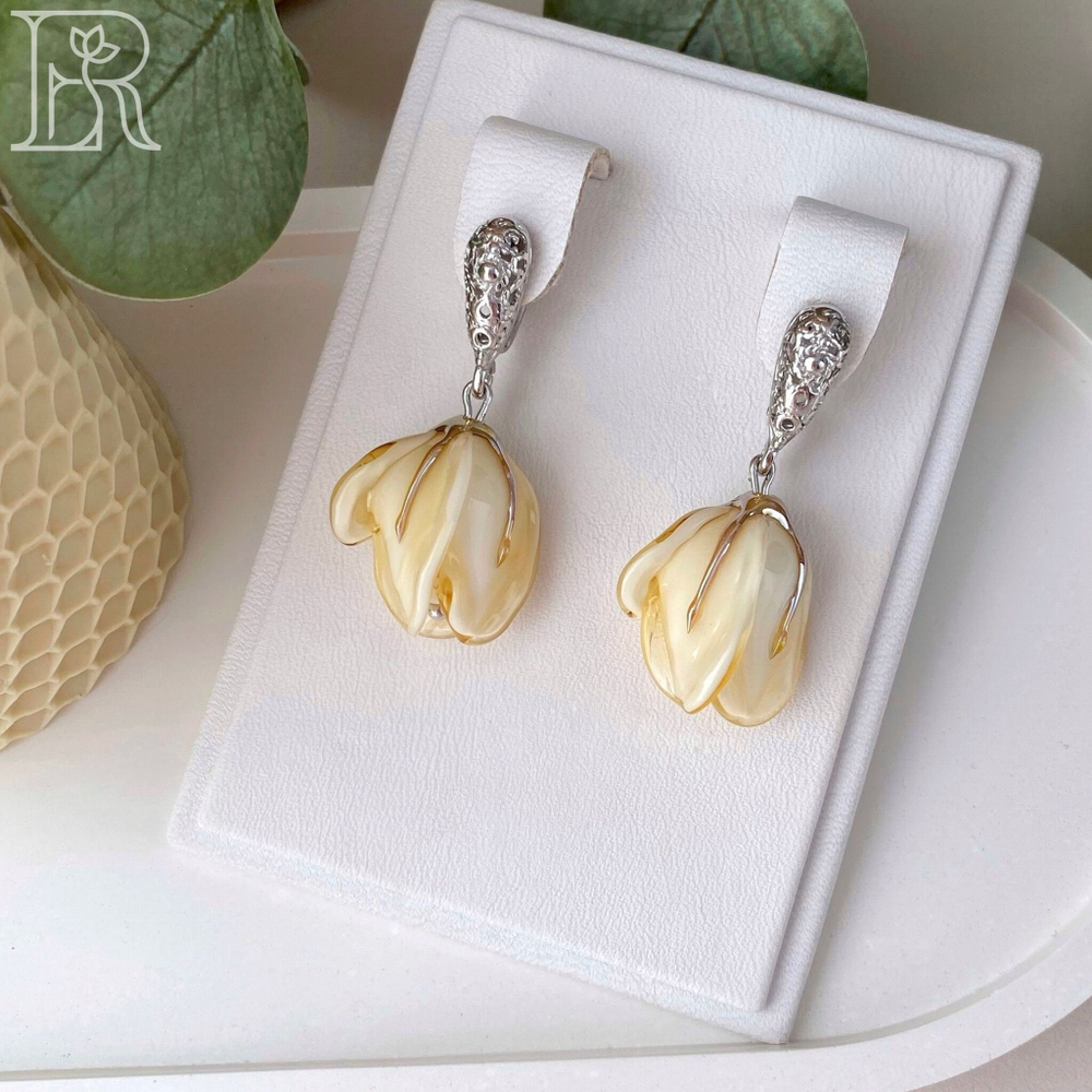 LEFIREL' Серьги серебряные женские "Энель" с цветами из муранского стекла / ювелирные украшения из родированного серебра 925