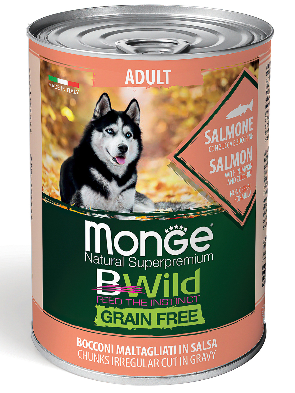 Влажный корм Monge Dog BWild GRAIN FREE для взрослых собак, беззерновой, из лосося с тыквой и кабачками 400 г
