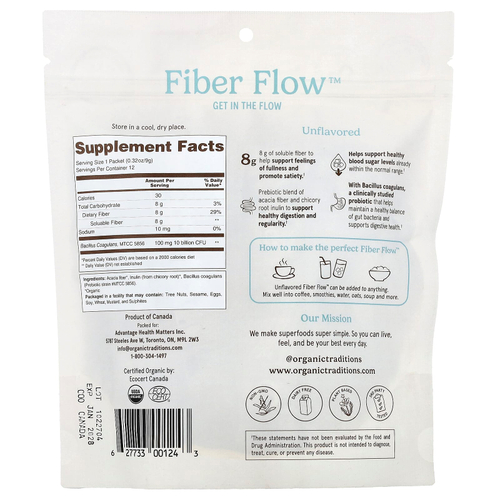 Organic Traditions, Fiber Flow™, без добавок, 12 стиков по 9 г (0,32 унции)